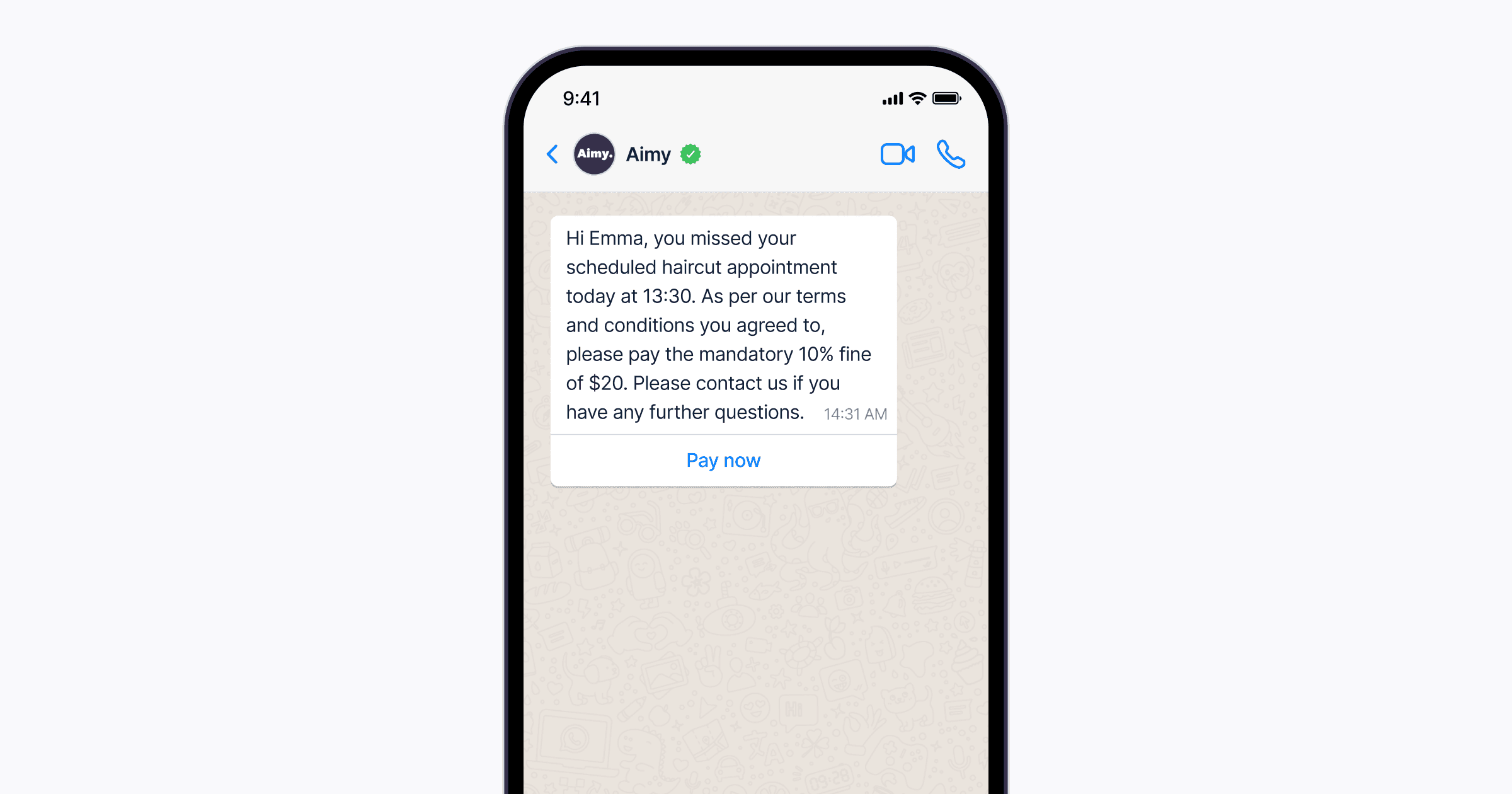 A smartphone displays a chat conversation, highlighting a missed haircut appointment message detailing a 10% fine and prompting a payment action.