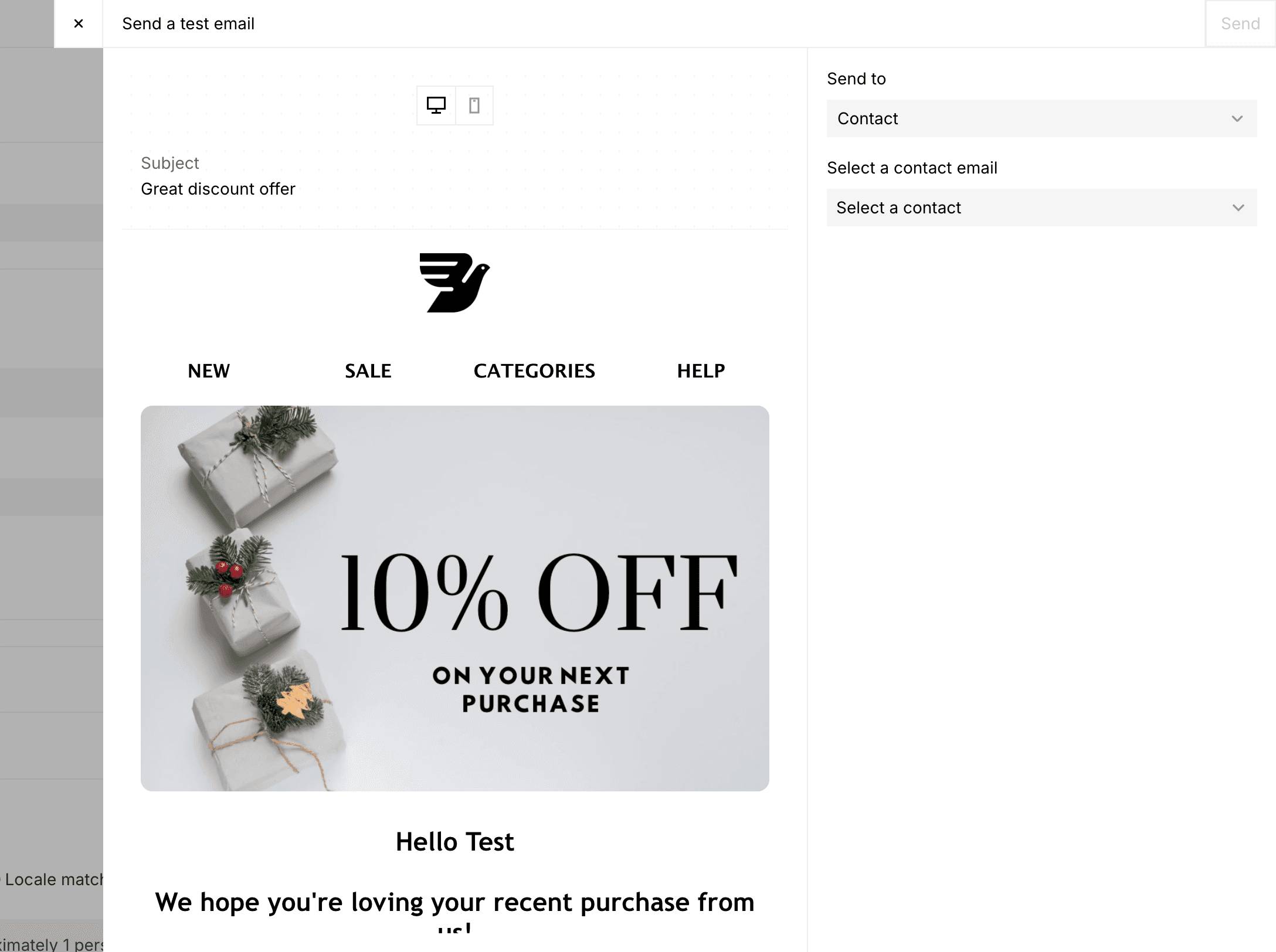 Email template featuring a "10% OFF on your next purchase" offer.