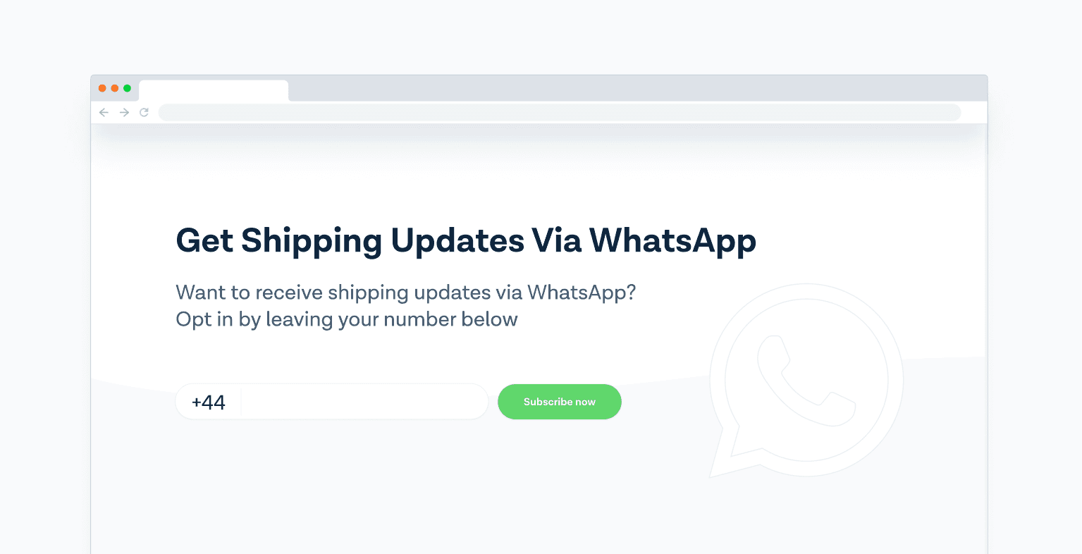 Landing page pop-up where user can add details to get shipping updates via WhatsApp