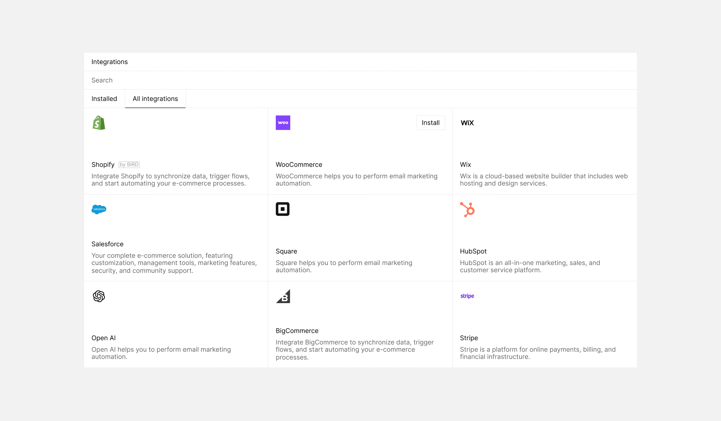 Integration options, including Shopify, WooCommerce, Wix, Salesforce, Square, HubSpot, Open AI, BigCommerce, and Stripe, these integrations aid in automating data synchronization and business processes.